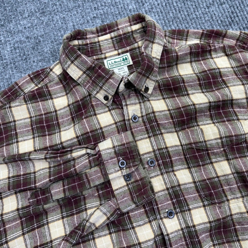 LL Bean Mens XXL Plaid Flannel Shirt Burgundy Green Cotton Button Down  Vintage